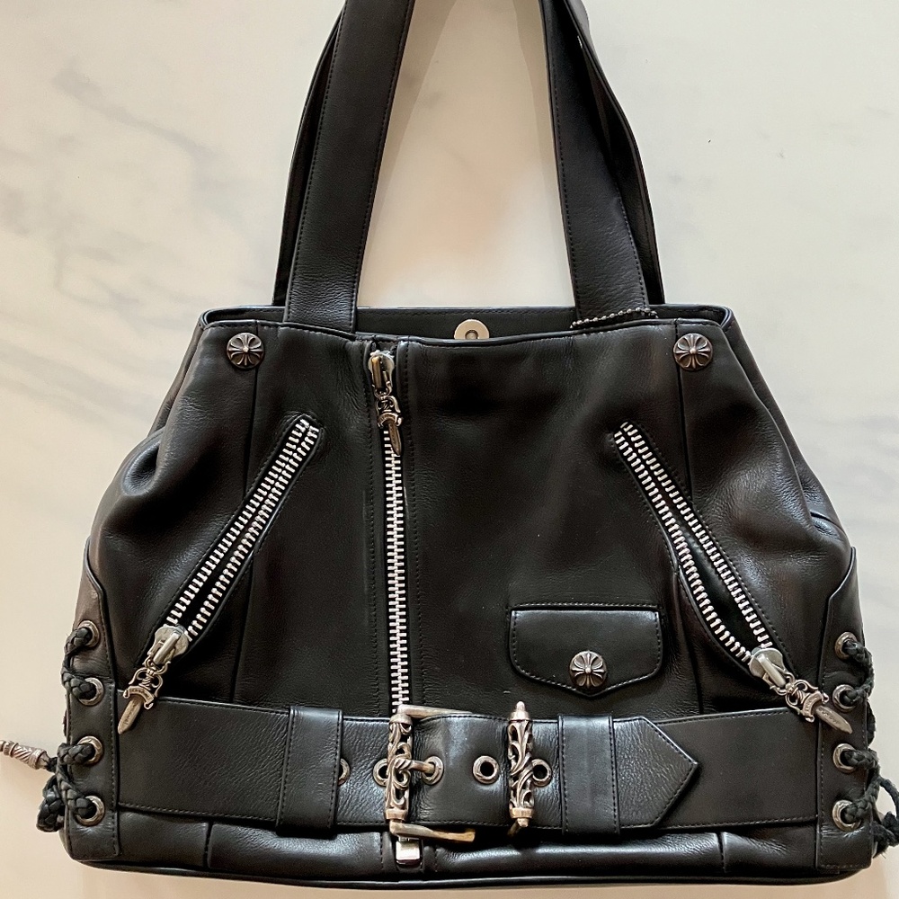 AUTHENTIC Chrome Hearts Large Size Black Leather JJ Dean Moto Shoulder Bag